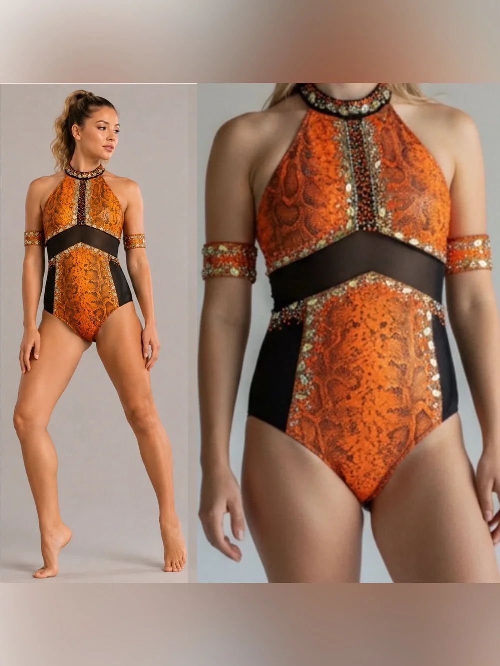 Glamour competition, solo dance costume orange animal print illusion LA adult